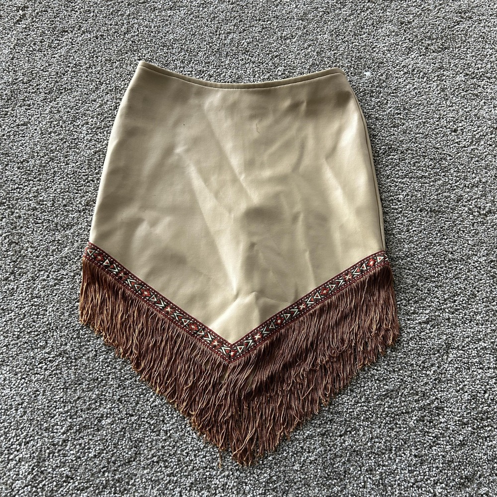 Charades Skirt Juniors S Beige Faux Leather Fringe Western Costume Show